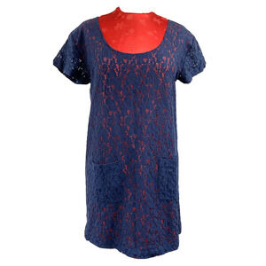 Casual dress navy blue lace overlay on red silky lining scoop neck pockets sz M